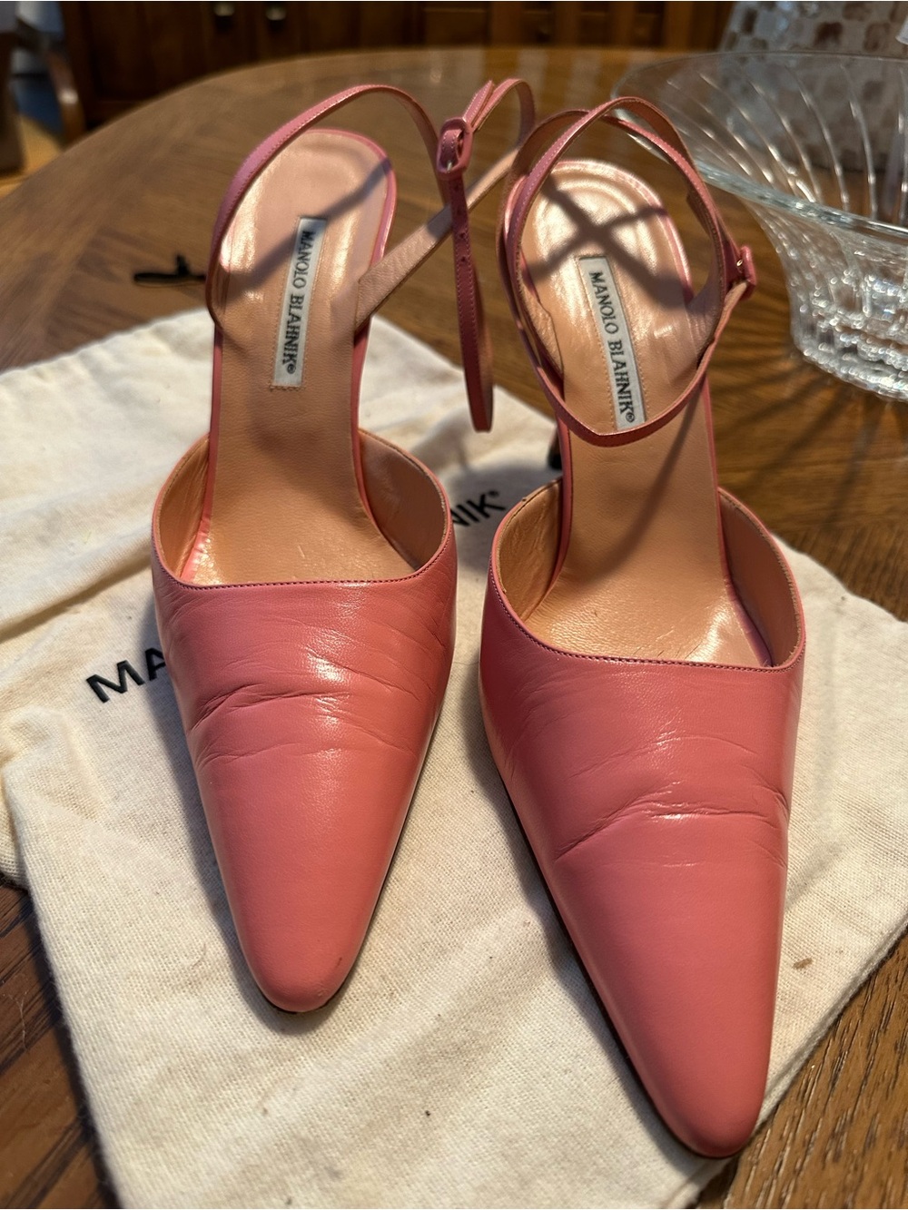 Manolo Blahnik Coral Pink Pointed Leather Slingback Heels